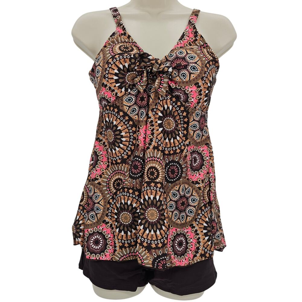 Zando Womans size M 2 Piece Tie Front Tankini Boyshorts Swimsuit Brown Geo NWOT